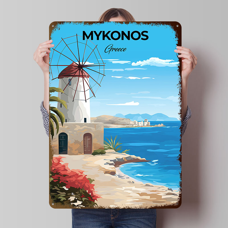 Travel Accessories Greece - Плакат с изображением Миконоса, Греция, винтажная